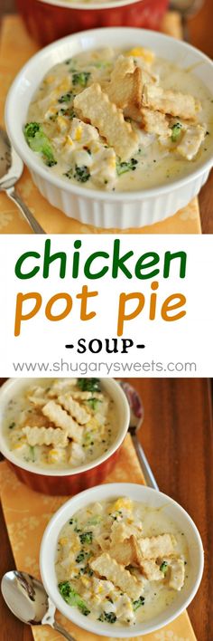 chicken pot pie soup in a white bowl