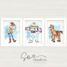 three watercolor paintings of toy story characters, including buzz lightyear and woody the horse