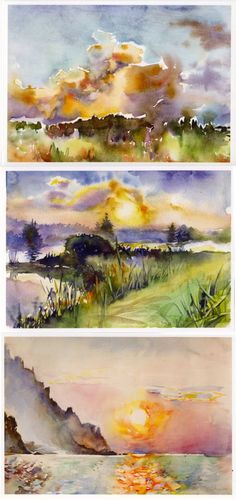 three watercolor paintings with different colors and shapes, each showing the same landscape as it appears