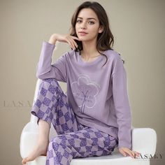 Lasaky - Soft and Plush Sleepwear Set for Her Purple Relaxed Fit Long Sleeve Sleepwear, Purple Long Sleeve Sets For Winter, Casual Purple Sleepwear For Relaxation, Purple Long Sleeve Sleepwear, Purple Long Sleeve Sets For Fall, Crewneck Dress, Sleepwear Sets, Sleep Shirt, Cotton Pyjamas