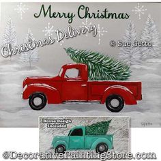 a red truck with a christmas tree on the back and merry christmas sign in front