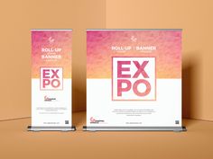 two roll up banners with the text ex po on them against an orange and pink background