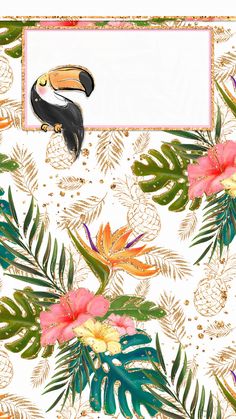 an illustration of tropical flowers and toucan on a white background with a gold frame