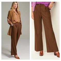 Designed In A Brushed-Twill Fabric For Moves-With-You Ease, These Go-To Pants Elevate Everyday Outfits With Absolute Comfort And Style. Whether Dressing For Workdays Or Weekends, You'll Love The Elasticized Back Waist, Stitched Pleats, Functional Front Pockets And Back Welt Pockets. Zip Fly And Button Closure. 66% Polyester, 33% Viscose Rayon And 1% Elastane Woven Dry Clean Only Below Waistline Imported New With Tags Approximate Flat Lay Measurements (With Fabric Smoothed Out To The Max): Waist Brown Relaxed Fit Pants For Work, Brown Relaxed Fit Wide Leg Pants For Work, Brown Relaxed Fit Wide Leg Work Pants, Brown Wide Leg Pants With Relaxed Fit For Work, Green Pants Women, Business Casual Trousers, Womens Black Pants, Tan Legs, Olive Green Pants