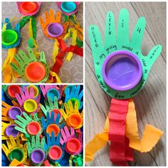 several different pictures of colorful plastic spoons and handprinted items on the table