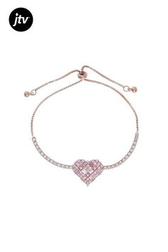 Bella Luce �� pink and white diamond simulants 3.71ctw round and baguette, Eterno��� 18k rose gold over sterling silver heart adjustable bracelet. Measures approximately up to 9"L x 0.56"W and has a bolo closure. The diamond equivalent weight is 1.94ctw. Diamond Simulant, Sterling Silver Heart, Adjustable Bracelet, Silver Heart, 18k Rose Gold, White Diamond, Pink And White, Cubic Zirconia, Rose Gold