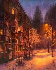 a painting of a snowy street at night with buildings and trees in the foreground