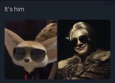 a woman wearing sunglasses next to an image of a dog with glasses and the caption it's him