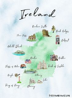 a watercolor map of ireland with all the towns and places to see on it