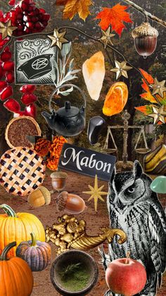 a collage of autumn items including apples, pumpkins and an owl with the word mabon on it