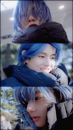 two pictures of the same person with blue hair