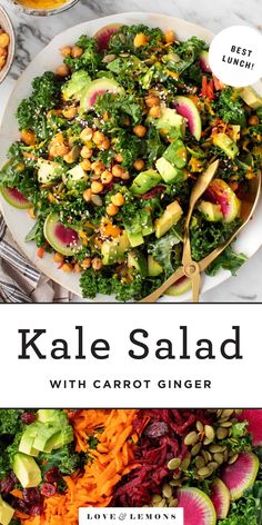 kale salad with carrots, avocado and red onion on a white plate