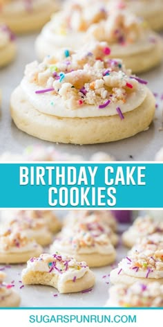 birthday cake cookies with white frosting and sprinkles on top are shown