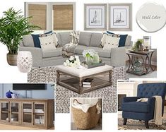 the living room is decorated in blue and beige colors with white accents, including a couch,