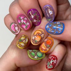 ˚ ༘ ⋆｡˚ vintage inspired rainbow fruit salad nails with detailed fruit paintings, white spring blossoms, and retro polka dots ˚ ༘ ⋆｡˚ Example set is 5. Extra Short Oval A sizing kit is required before purchasing a nail set to ensure a perfect fit. Please allow 1-2 weeks for order processing and shipping. Nail Photoshoot, Rainbow Nail, Spring Nail Art, Rainbow Nails, Birthday Nails, Dream Nails, Nail Shop, Funky Nails