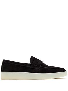 black suede slip-on style tonal stitching penny slot almond toe branded leather insole flat rubber sole Classic Low-top Slip-ons With Suede Lining, Black Slip-on Loafers With Suede Lining, Classic Black Suede Slip-ons, Black Suede Low-top Loafers, Classic Suede Slip-ons With Stitched Sole, Suede Low-top Formal Loafers, Black Suede Slip-ons With Rubber Sole, Suede Low-top Loafers For Formal Occasions, Formal Suede Low-top Loafers