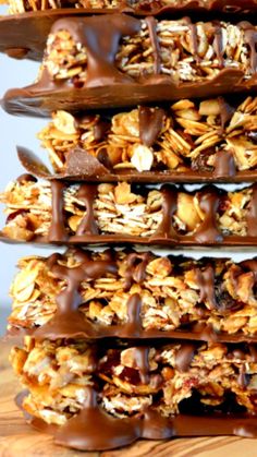 chocolate covered granola bars stacked on top of each other