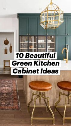 a kitchen with green cabinets and wooden stools