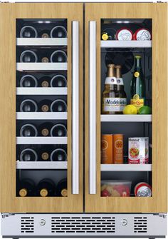 two refrigerators that are open with drinks in the front and on the back side