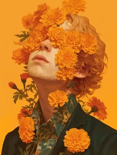 a painting of a man with flowers on his head and shoulders, in front of an orange background