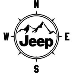 a black and white logo with the word jeep on it's center, surrounded by mountains