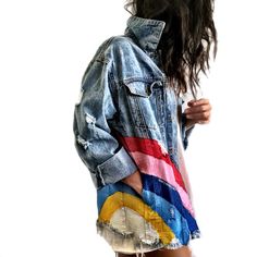 Multicolor Denim Jacket For Festivals, Festival Multicolor Denim Jacket, Distressed Denim Jacket For Festival, Jacket Diy, Diy Denim Jacket, Girls Denim Jacket, Look Jean, Jean Jacket Outfits, Painted Denim Jacket