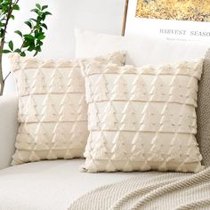 two white pillows sitting on top of a couch next to a plant in a vase