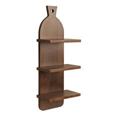 a wooden shelf with two shelves on each side and a bottle opener hanging from the top