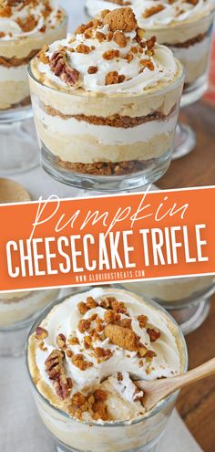 pumpkin cheesecake trifle with whipped cream and pecans in the middle on top