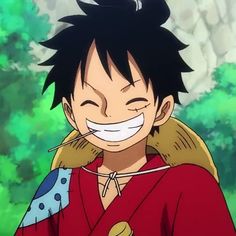 an anime character with black hair and a smile on his face in front of trees