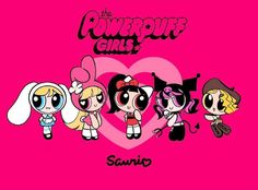 the powerpuff girls wallpaper with four cartoon characters in front of a pink background