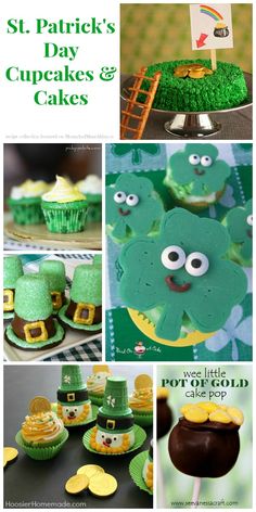 st patrick's day cupcakes and cakes are featured in this collage