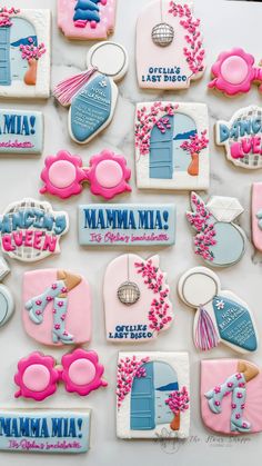 Mamma Mia Bright Sugar Cookies Mama Mia First Birthday, Mamma Mia Biscuits, Mama Mia Themed Cookies, Mamma Mia Theme Grad Party, Greece Bachelorette Party Theme, Blue Disco Bachelorette Party, Mama Mia Kitchen Tea