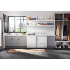 a white washer sitting inside of a kitchen next to a sink and cabinets in front of a window