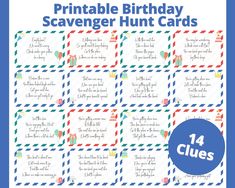 the printable birthday scavenger hunt cards are available in blue, green and red