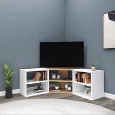 an entertainment center with bookshelves and a flat screen tv mounted on the wall