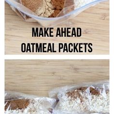 two bags filled with oatmeal sitting on top of a wooden table next to each other