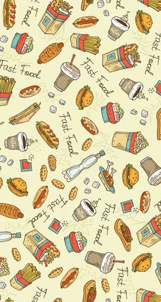 a very cute pattern with some fast food items on it's side and the words fast food written in large letters