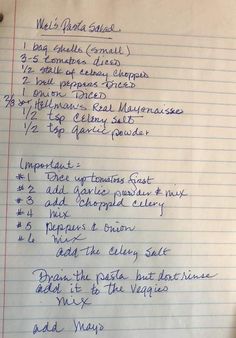 a handwritten recipe list on lined paper with blue marker writing in english and spanish