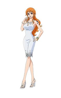 an anime character with long red hair wearing a white dress and high heeled shoes