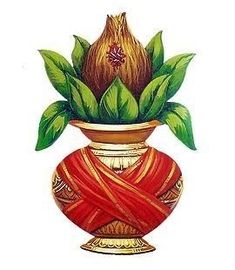 a painting of a flower in a vase with red cloth wrapped around it's base