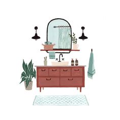 a bathroom with a sink, mirror and potted plant