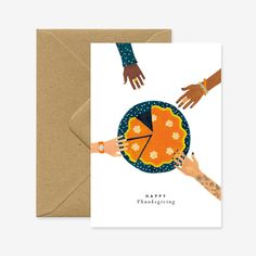 a greeting card with hands holding a pie and the words happy thanksgiving written on it