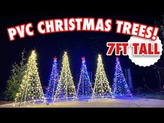 christmas trees are lit up in blue and white lights with the words pwc christmas trees