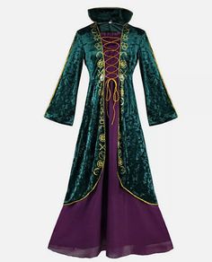 a green and purple dress with gold trimmings on the collar, long sleeves and cuffs