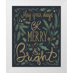 a christmas card with the words merry and bright in gold lettering on a black background