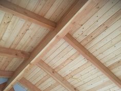 a room with wooden walls and ceiling beams