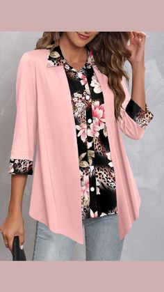 ROTITA Fake 2in1 Floral Print Light Pink Blouse Fall Patchwork Pink Blouse, Plus Size Chic, Light Pink Blouses, Shirting Fabric, Basic Shirts, Floral Print Blouses, Short En Jean, Floral Stripe, Pink Blouse