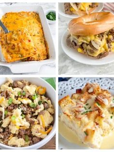 four different pictures of food including bread, casserole, and cheeseburger