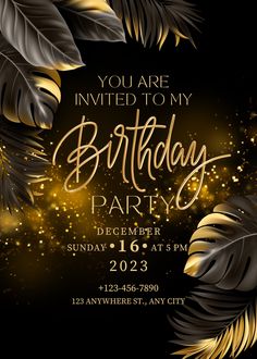 an elegant birthday party with gold feathers and sparkles on the dark background, is shown